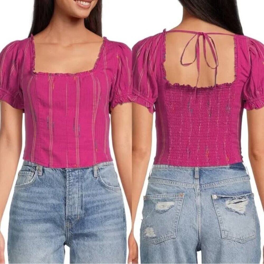 NWT Free People Women's Seatonin Corset Square Neck Short Puff Sleeve Top Large